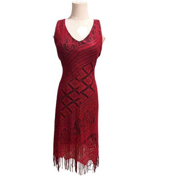 Vintage Harlow Crochet Fringe Flapper V Neck Dress Red Sleeveless Y2K Retro Fall - Picture 1 of 8